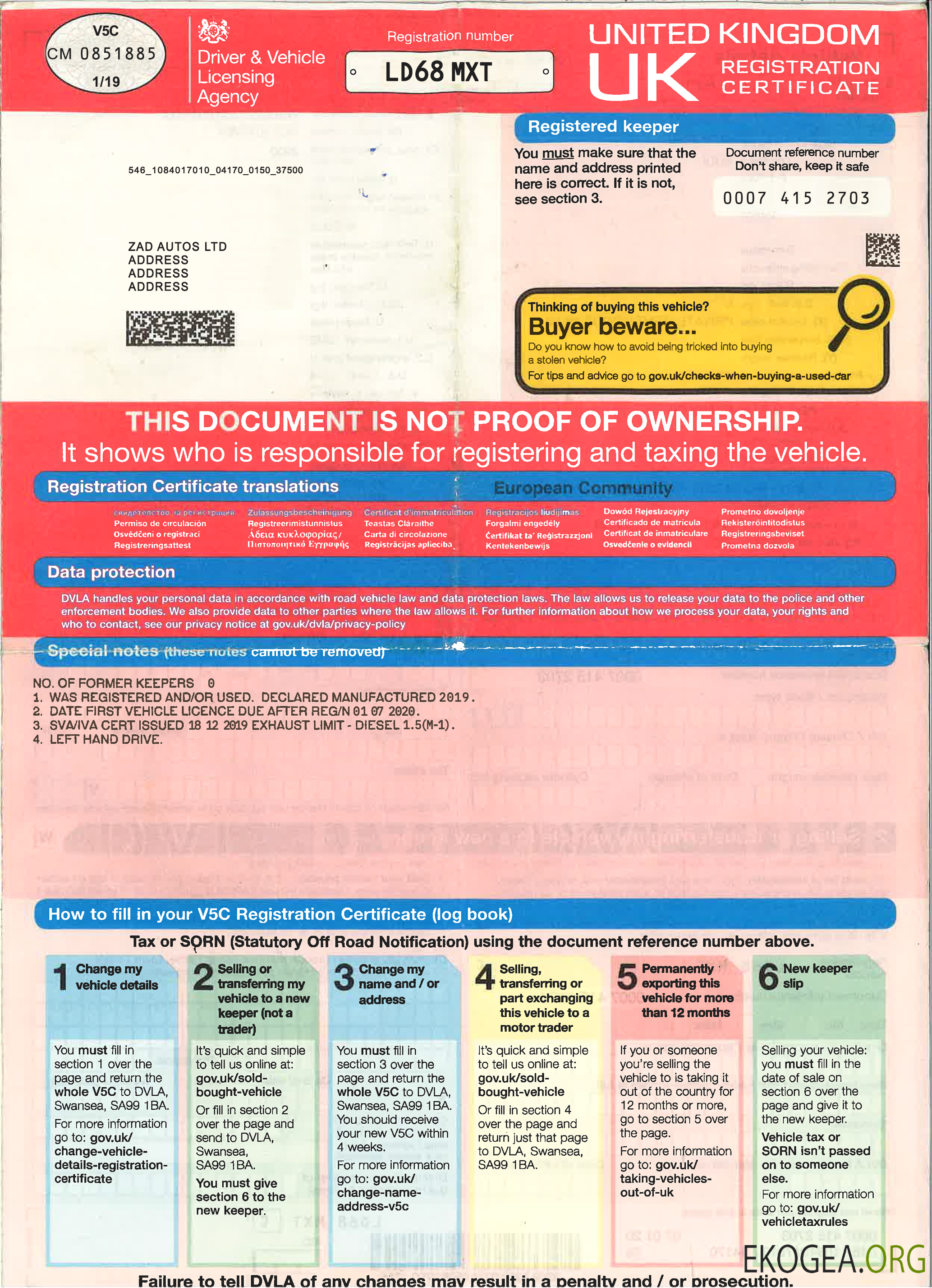 Chauffeur britannique, certificat d'immatriculation du véhicule1